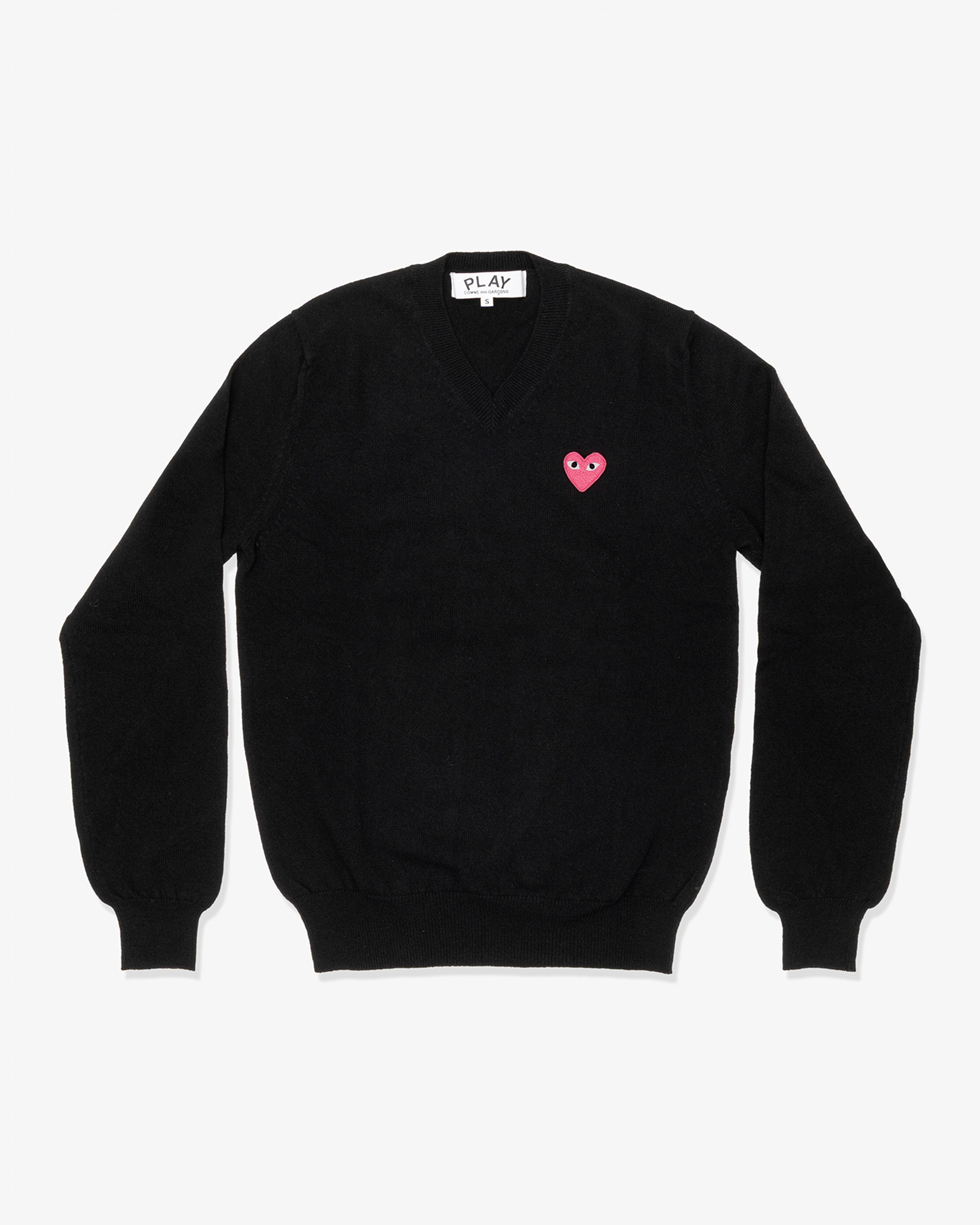 CDG PLAY: Top Worsted Yarn Lambswool Jersey V-Neck Sweater with