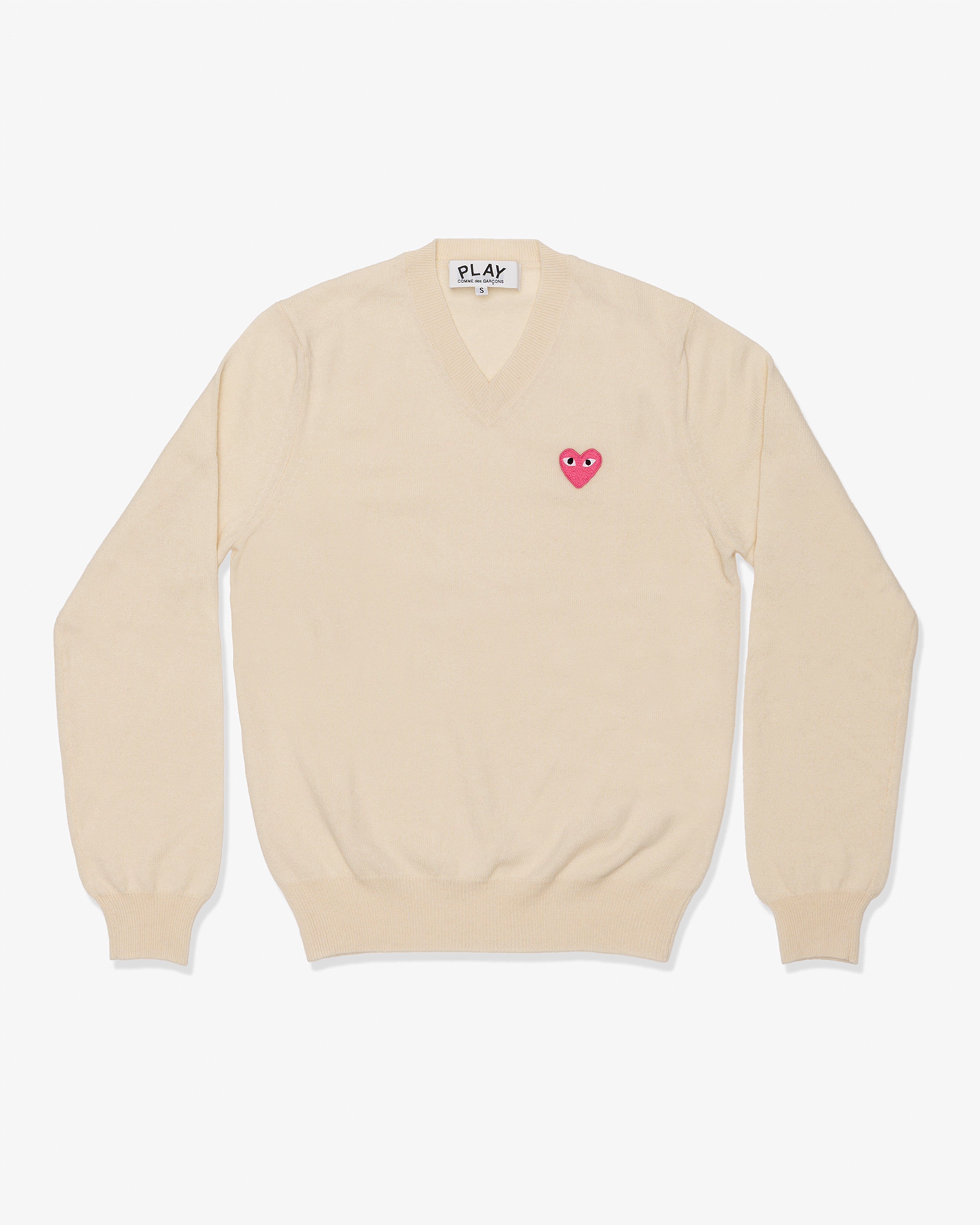 CDG PLAY: Top Worsted Yarn Lambswool Jersey V-Neck Sweater with