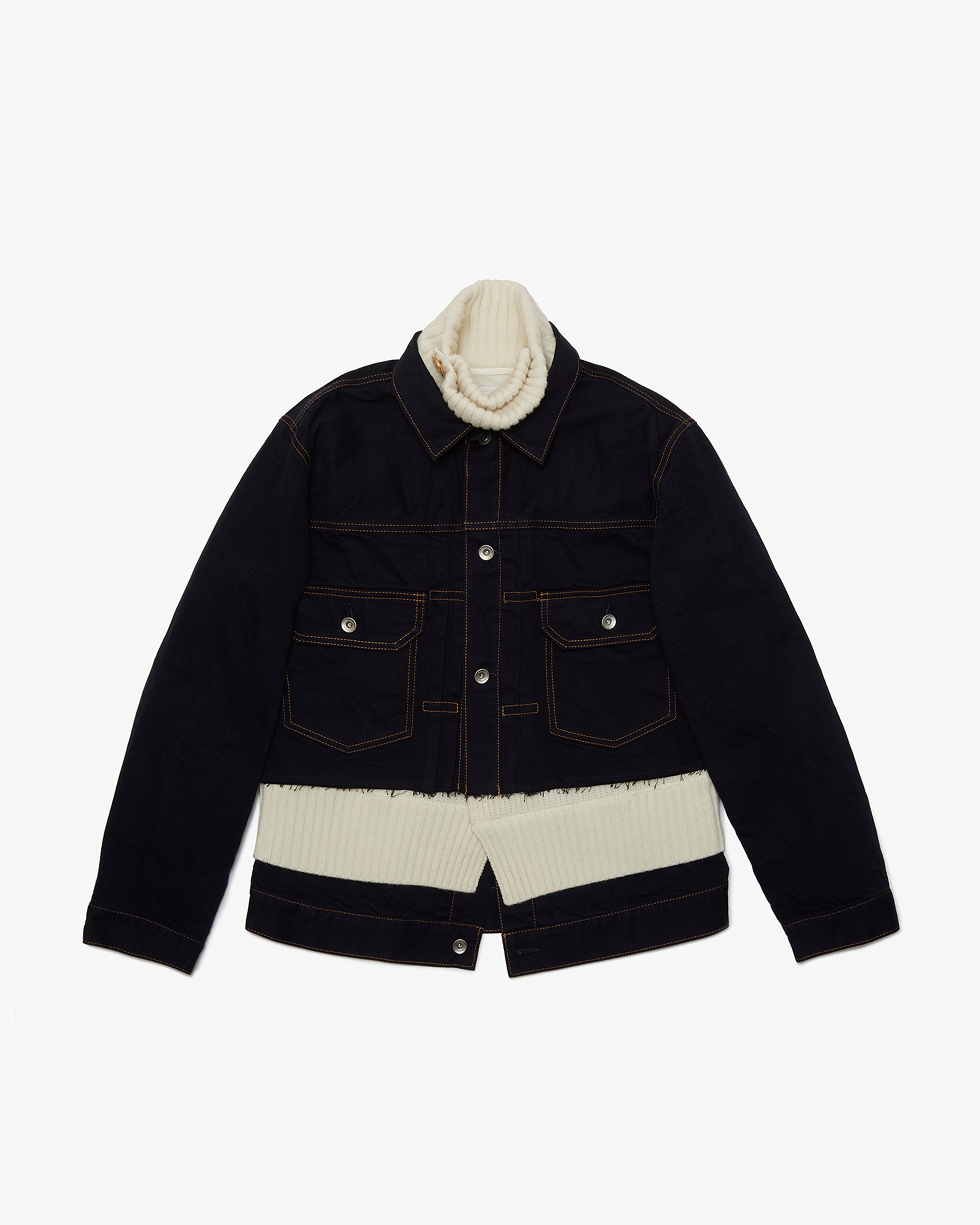 SACAI: Denim X Wool Knit Jacket (Navy×Off White) | DSMG E-SHOP