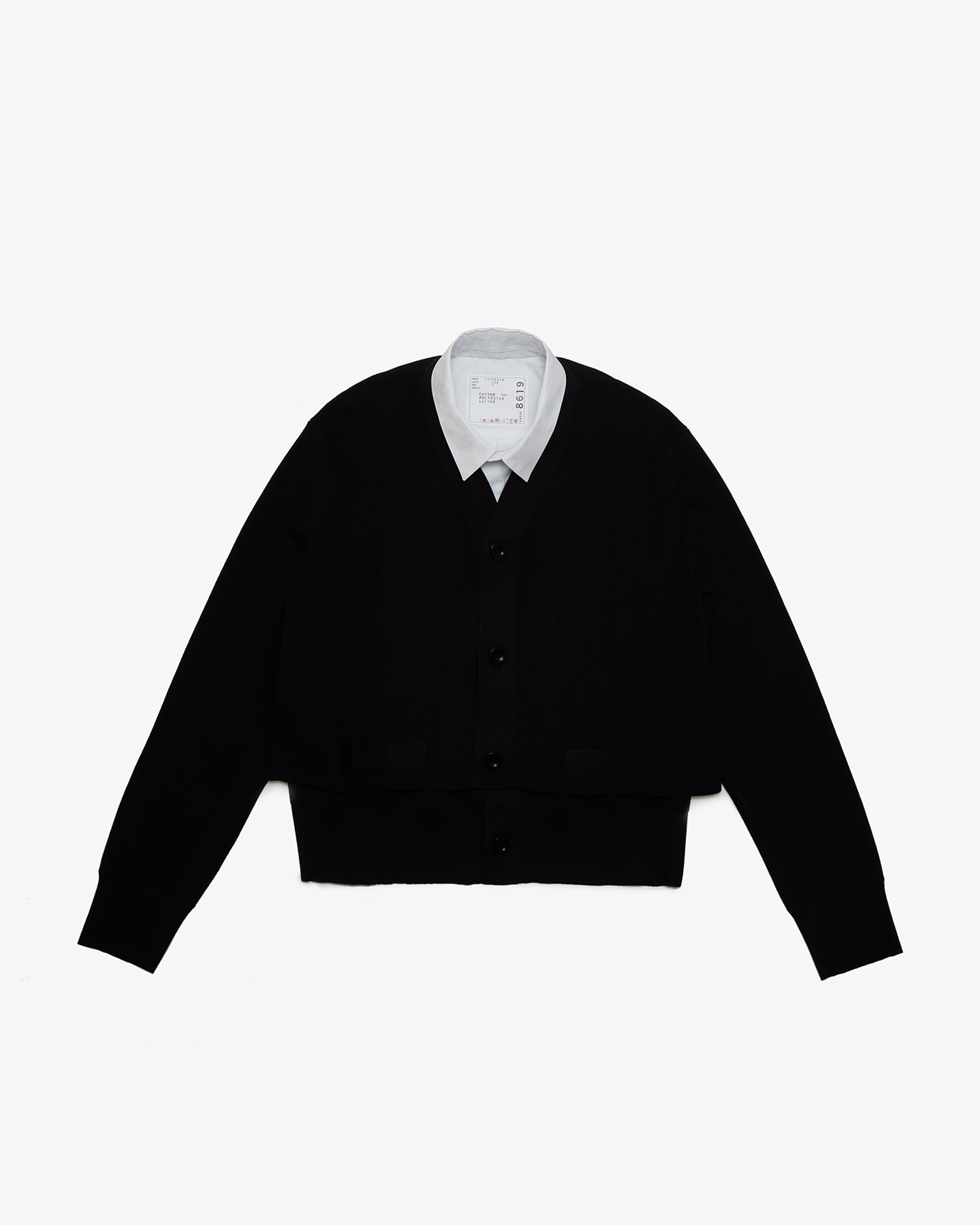 SACAI: Poplin X Cotton Knit Cardigan (Black×Off White) | DSMG E-SHOP