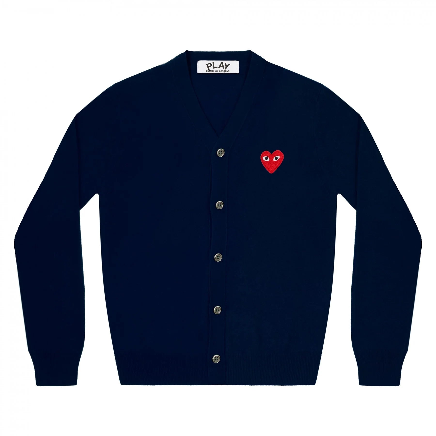 PLAY COMME des GARÇONS: V-Neck Cardigan With Red Emblem (Navy PLAY COMME des GARÇONS: V-Neck Cardigan With Red Emblem (Navy