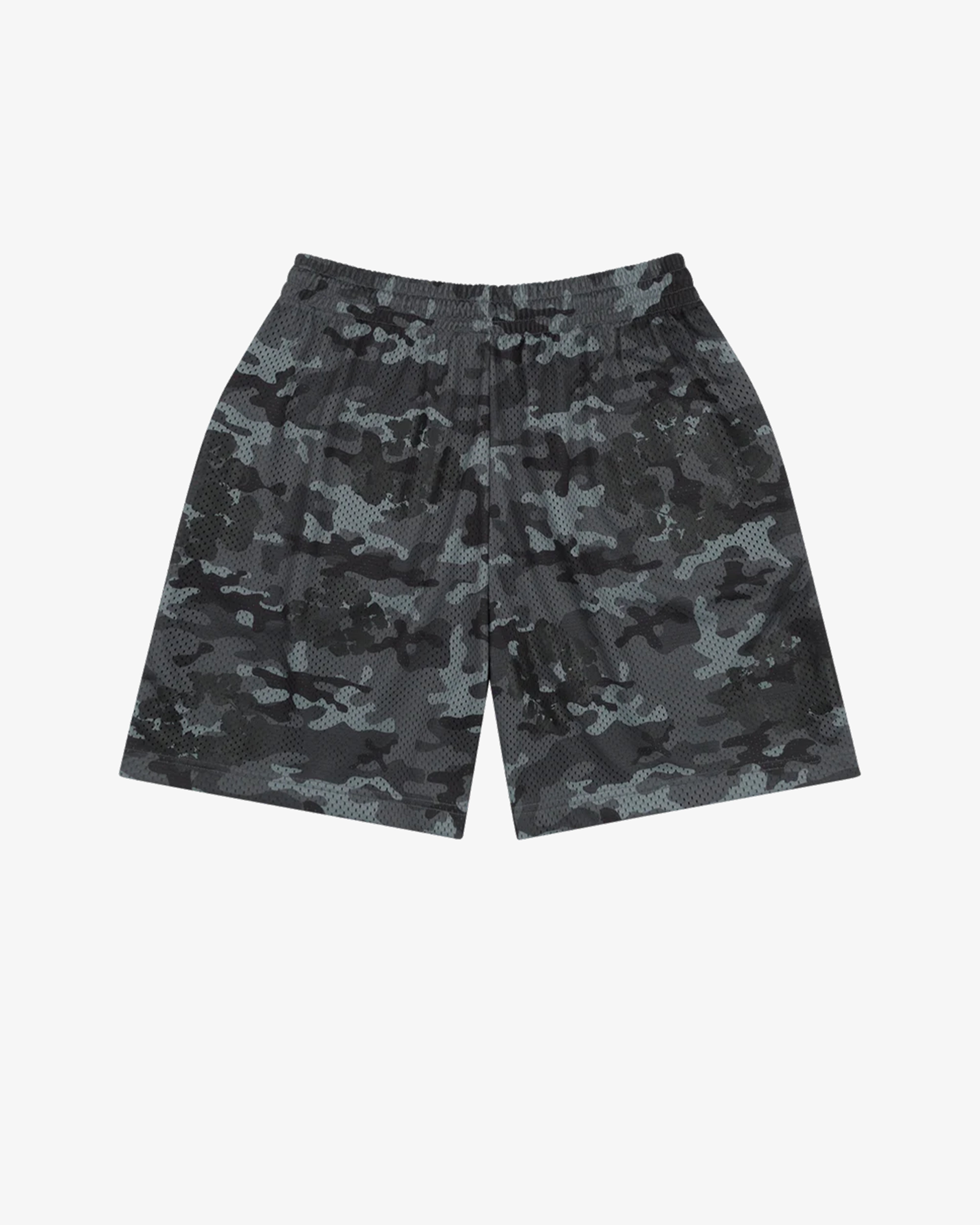DENIM TEARS: Camo Cotton Wreath Mesh Shorts (Black) | DSMG E-SHOP