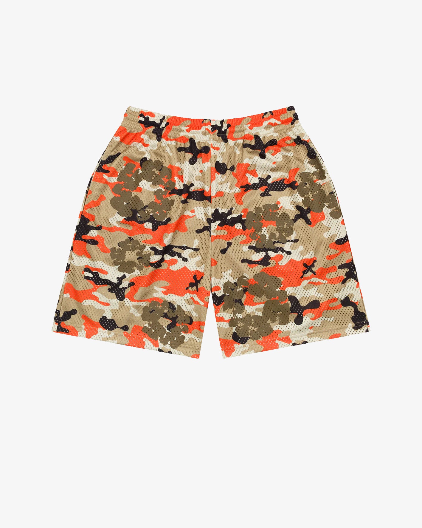 古着 ピーディーエム デザインショーツ ドット柄 コムデギャルソン アシンメトリ DENIM TEARS: Camo Cotton Wreath Mesh Shorts (Brown/ Orange) | DSMG