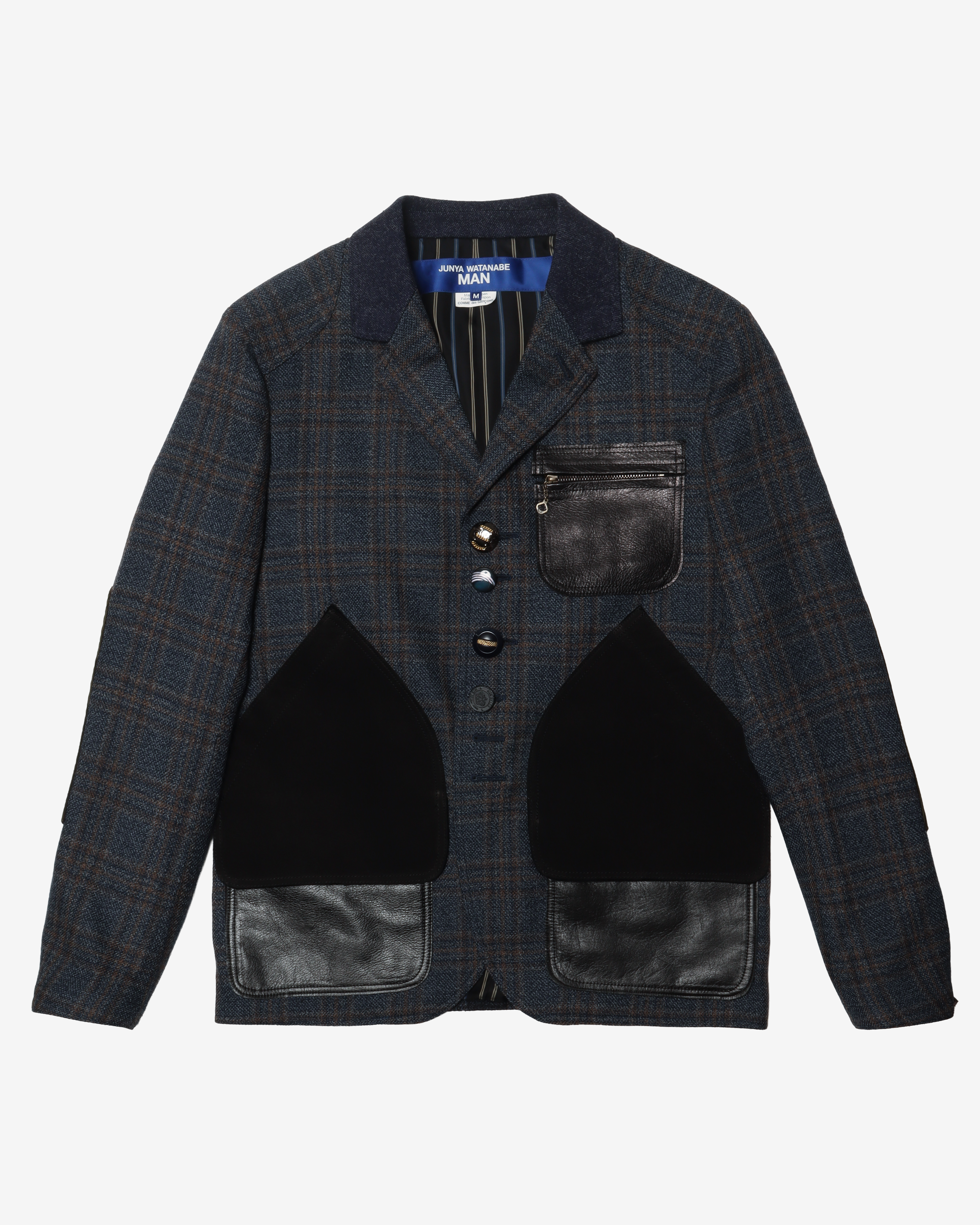 JUNYA WATANABE MAN: Wool Check X Cowhide Jackets (Nvy/Bgdy X Black