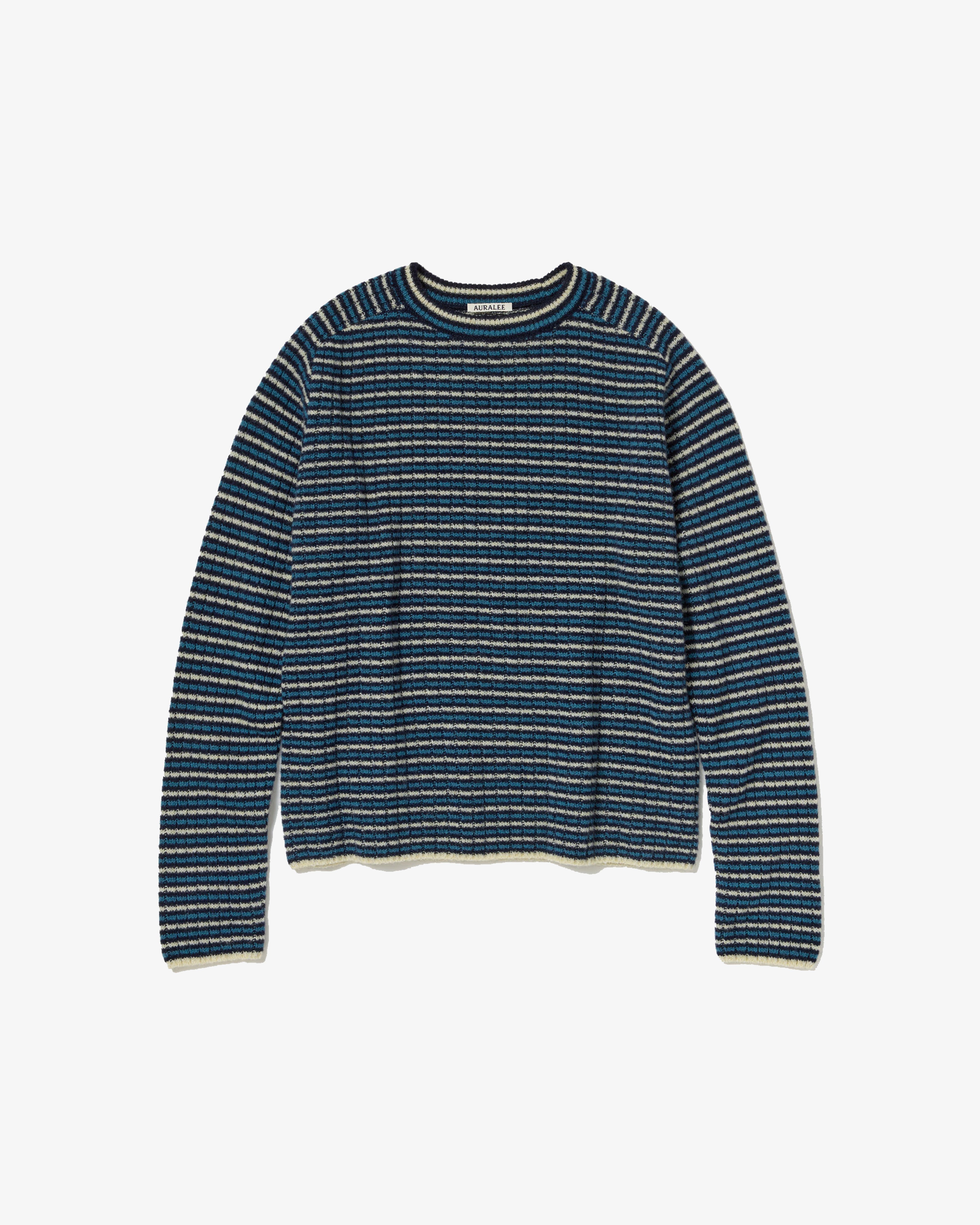 AURALEE: Shetland Wool Cashmere Rib Knit P/O (Navy Stripe) | DSMG