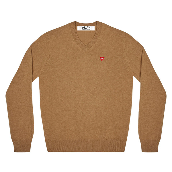 PLAY CDG - V NECK SWEATER WITH SMALL RED HEART - (BROWN)