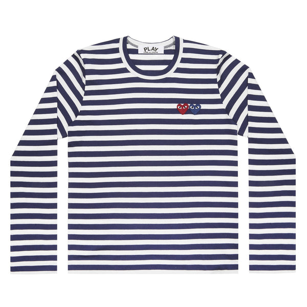 PLAY CDG - Striped T-Shirt With Double Heart - (Navy/White)