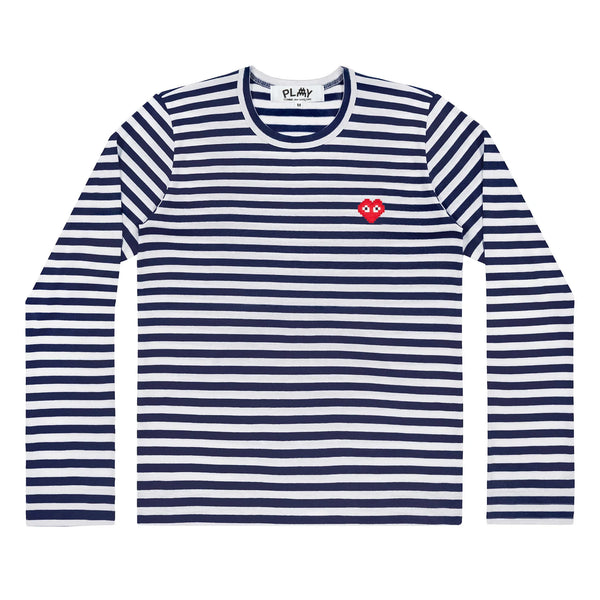 PLAY CDG - INVADER Emblem Striped L/S T-Shirt - (Navy/White)