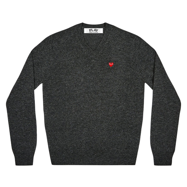 PLAY CDG - V NECK SWEATER WITH SMALL RED HEART - (CHARCOAL GREY)