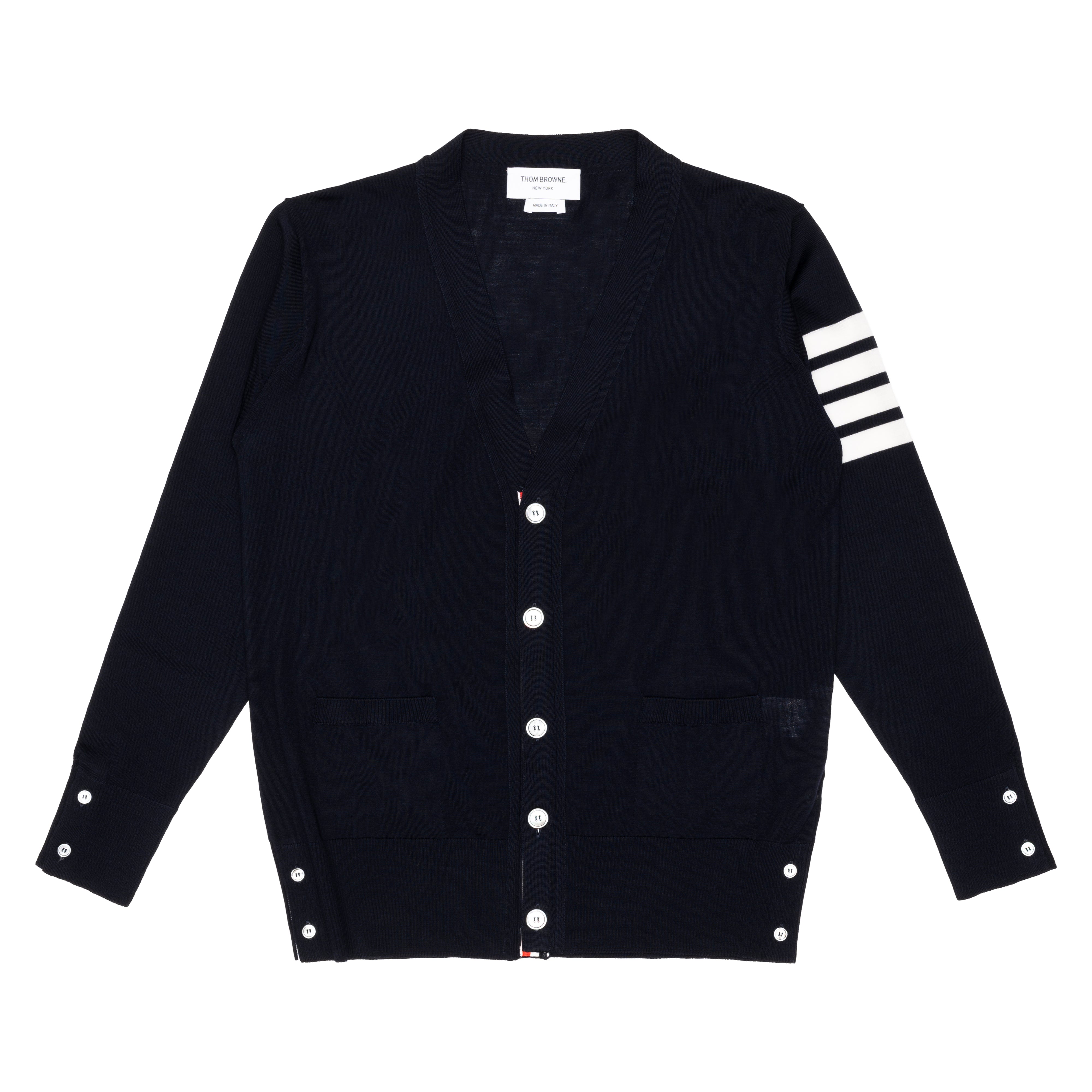 THOM BROWNE - MENS CLASSIC V-NECK CARDIGAN IN FIN - NAVY 