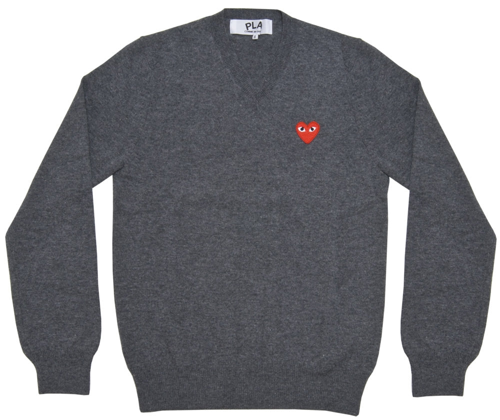 PLAY CDG - RED HEART V NECK SWEATER - (GREY) – DSMG E-SHOP