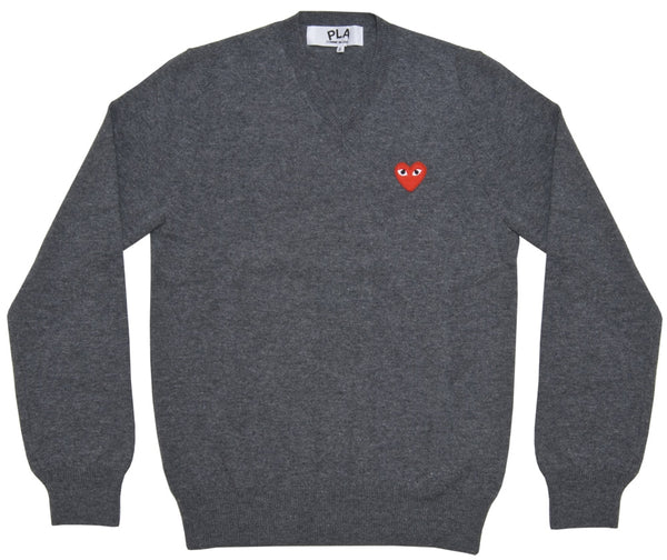 PLAY CDG - RED HEART V NECK SWEATER - (GREY)