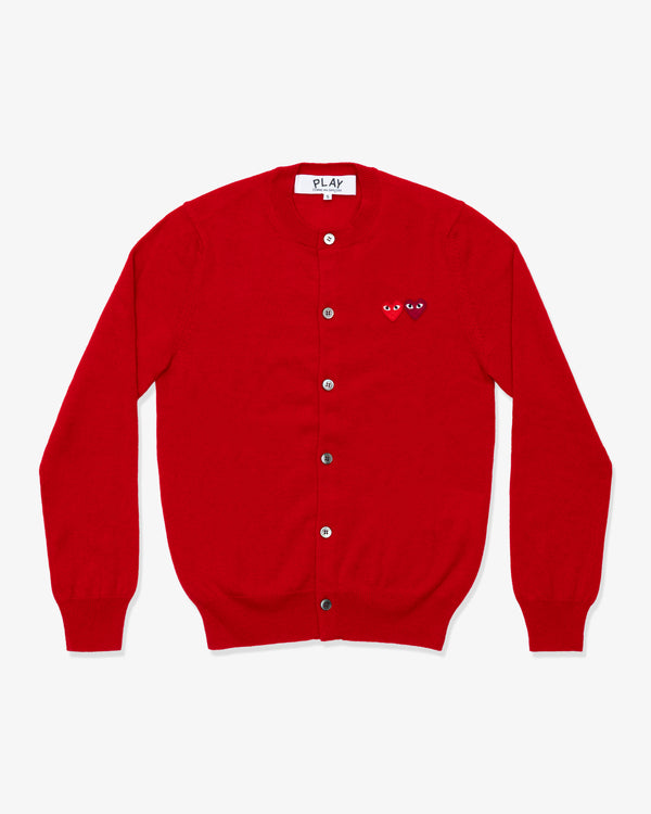 PLAY COMME des GARÇONS - Round Neck Cardigan With Twin Red X Burgundy Emblem - (Red)