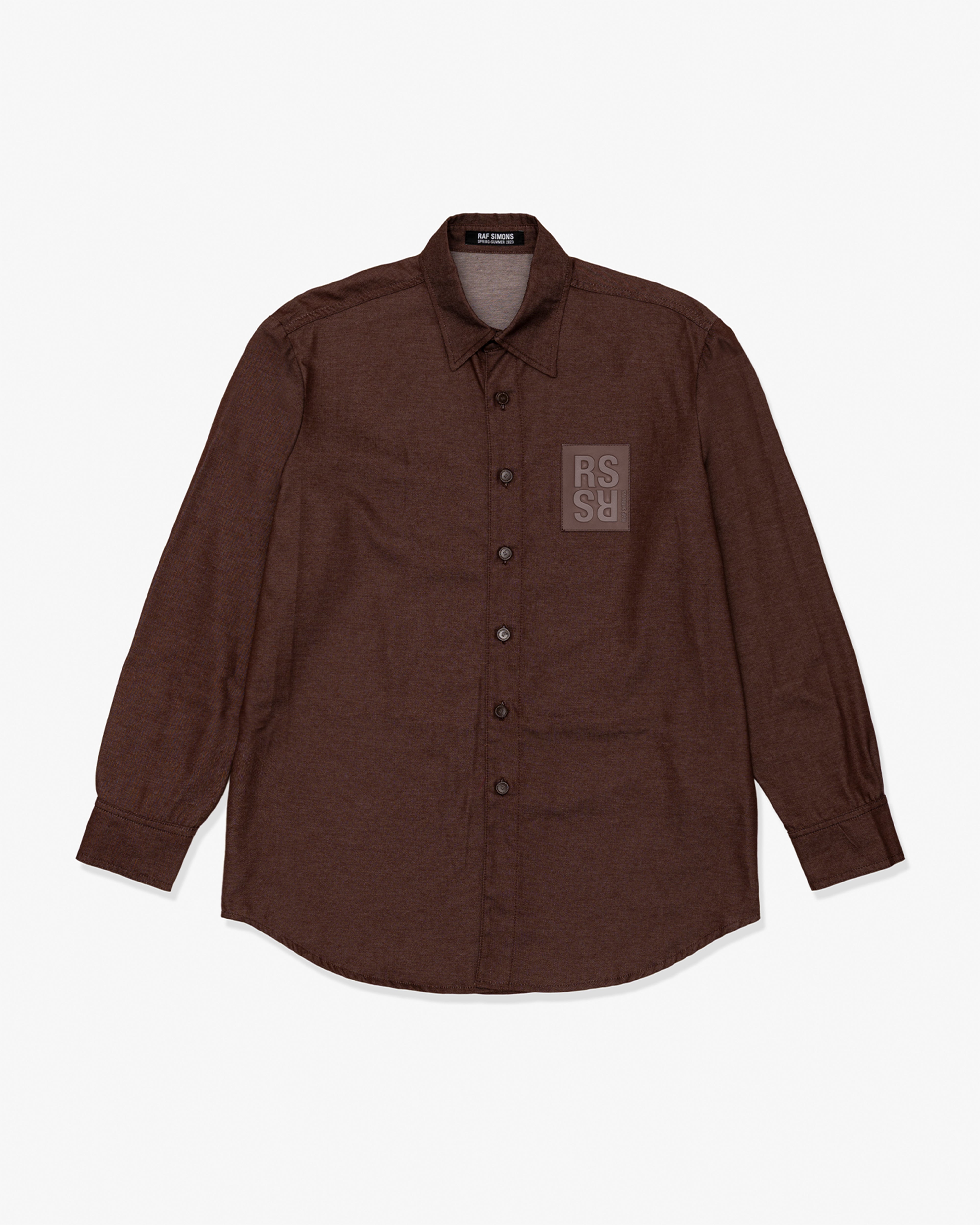 RAF SIMONS: Straight Fit Denim Shirt (Dark Brown) | DSMG E-SHOP