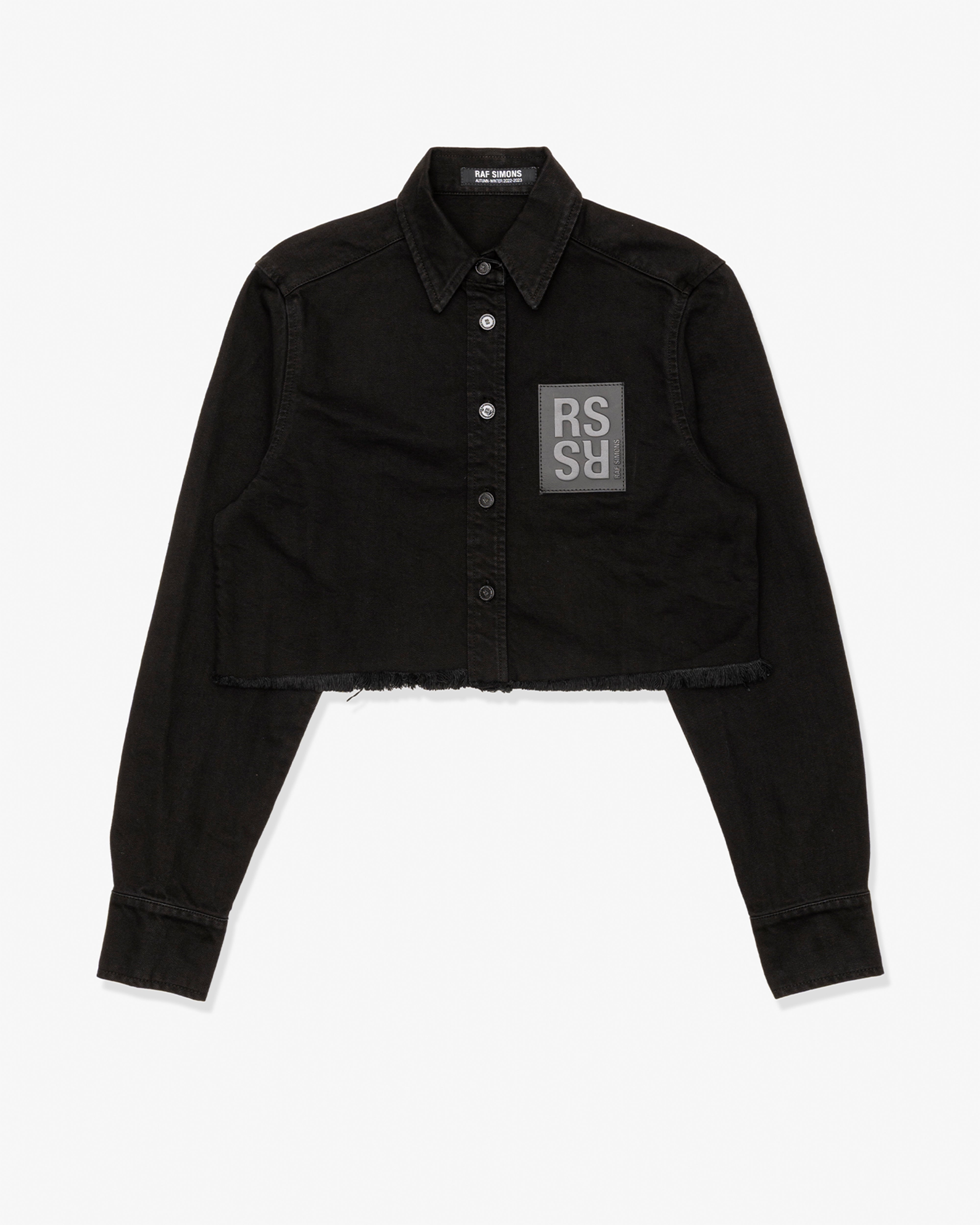 RAF SIMONS: Cropped Denim Shirt With R Pin (Black) | DSMG E-SHOP
