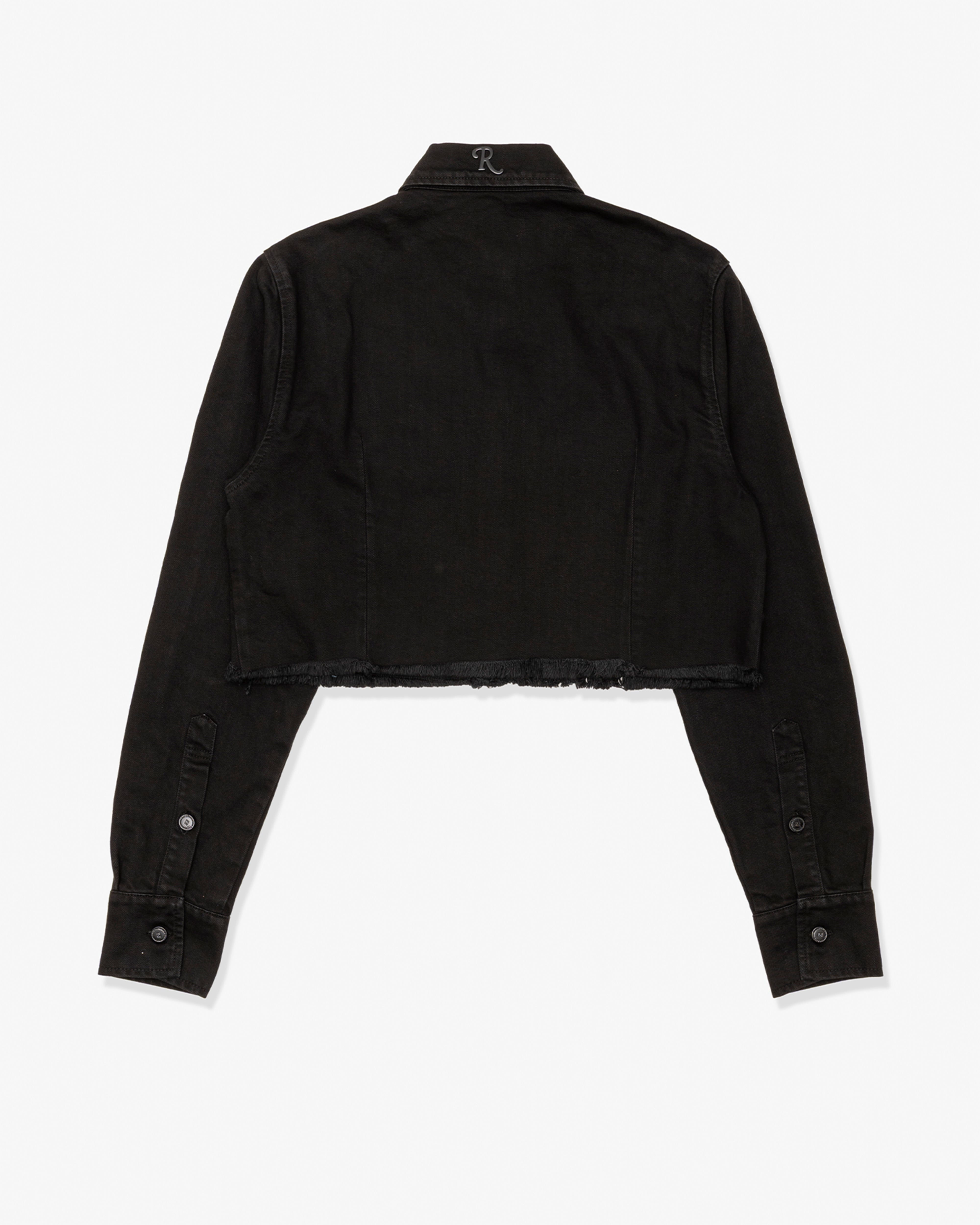 RAF SIMONS: Cropped Denim Shirt With R Pin (Black) | DSMG E-SHOP