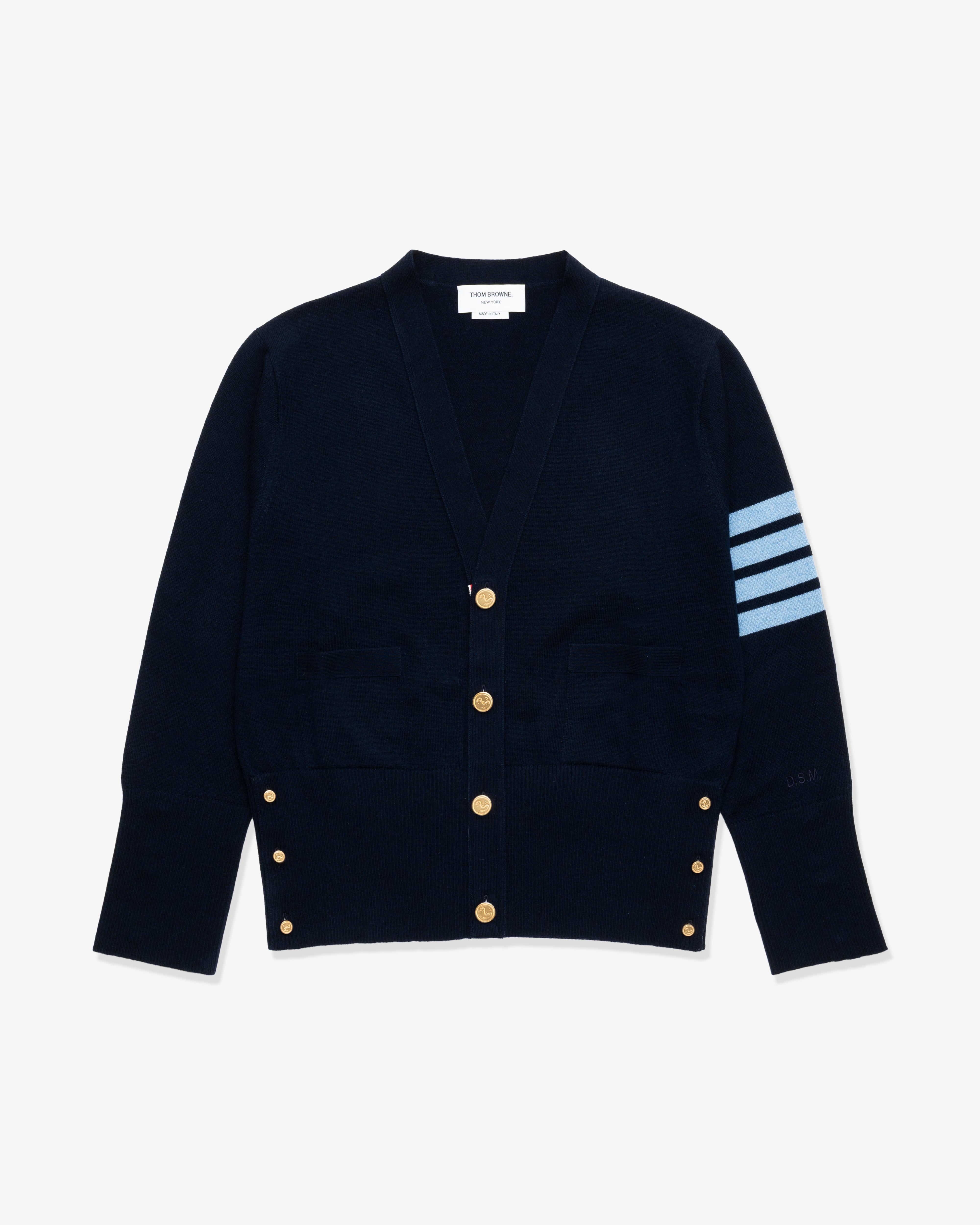 りんTHOM BROWNE Vネック カーディガン ネイビー THOM BROWNE: Men's V Neck Cardigan In Cashmere (Navy × Light Blue