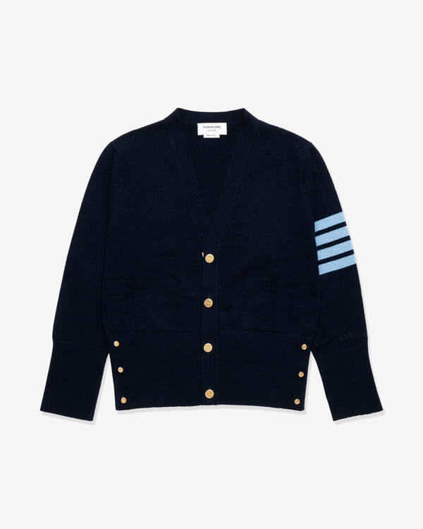 THOM BROWNE - Men's V Neck Cardigan In Cashmere - (Navy × Light Blue)