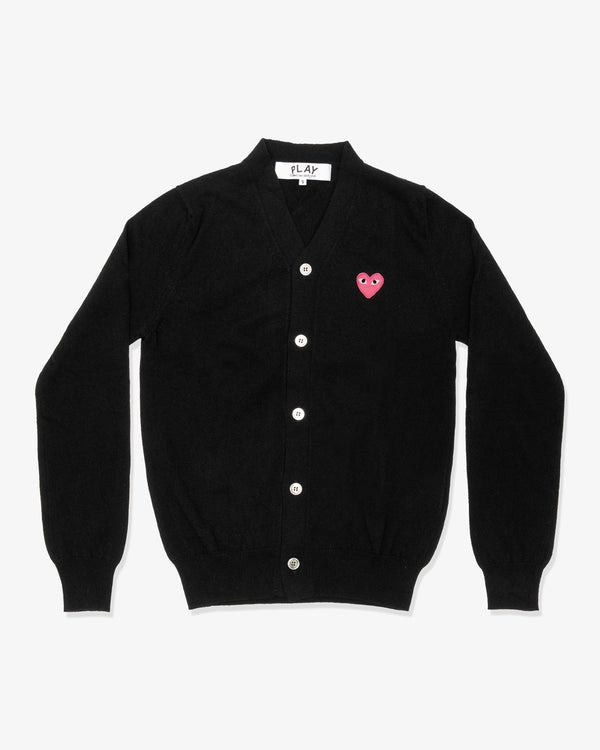 CDG PLAY - Top Worsted Yarn Lambswool Jersey V-neck Cardigan with Pink Emblem - (Black)