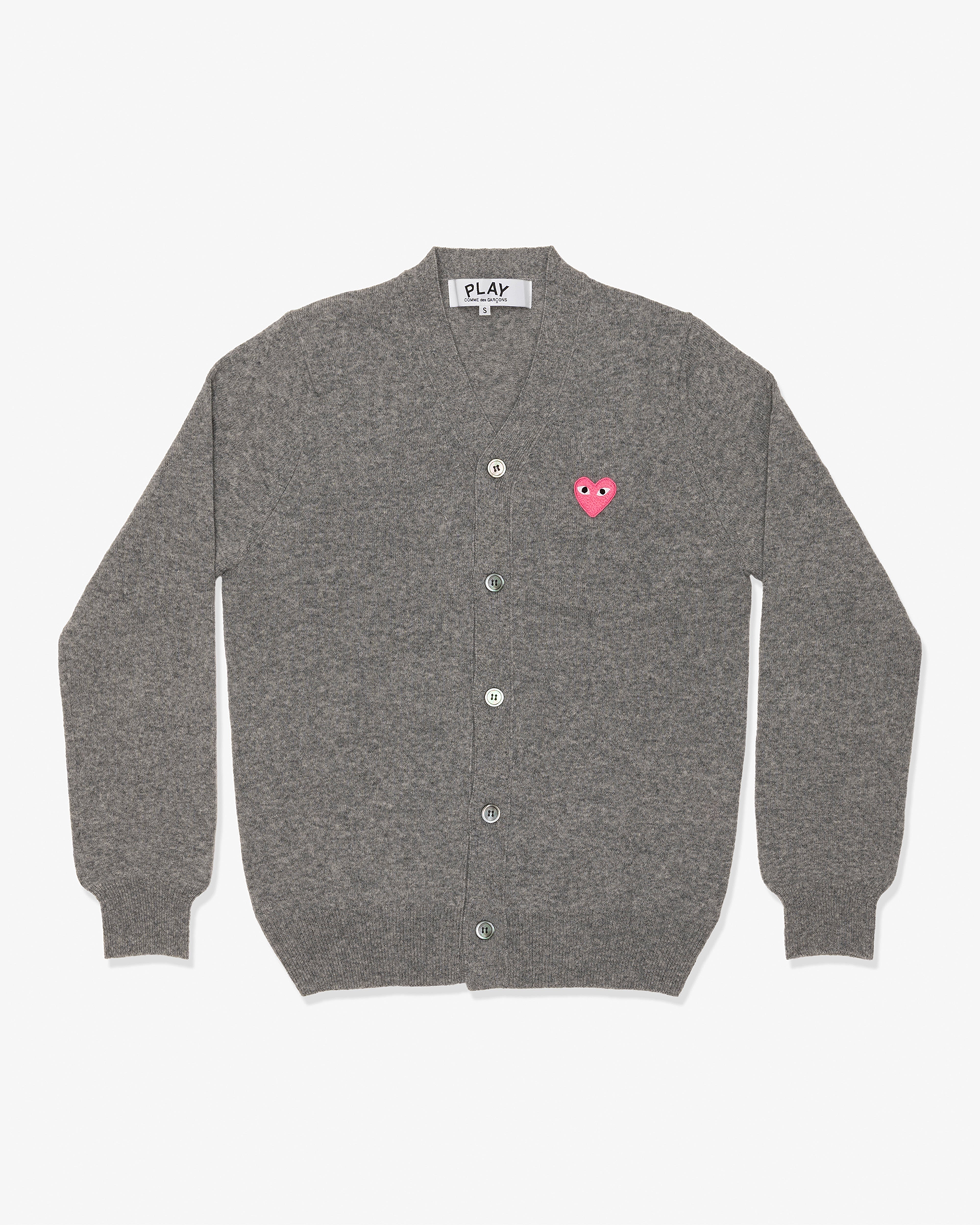 CDG PLAY: Top Worsted Yarn Lambswool Jersey V-neck Cardigan with