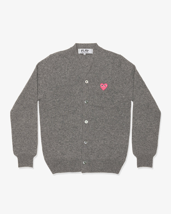 CDG PLAY - Top Worsted Yarn Lambswool Jersey V-neck Cardigan with Pink Emblem - (Top Light Grey)