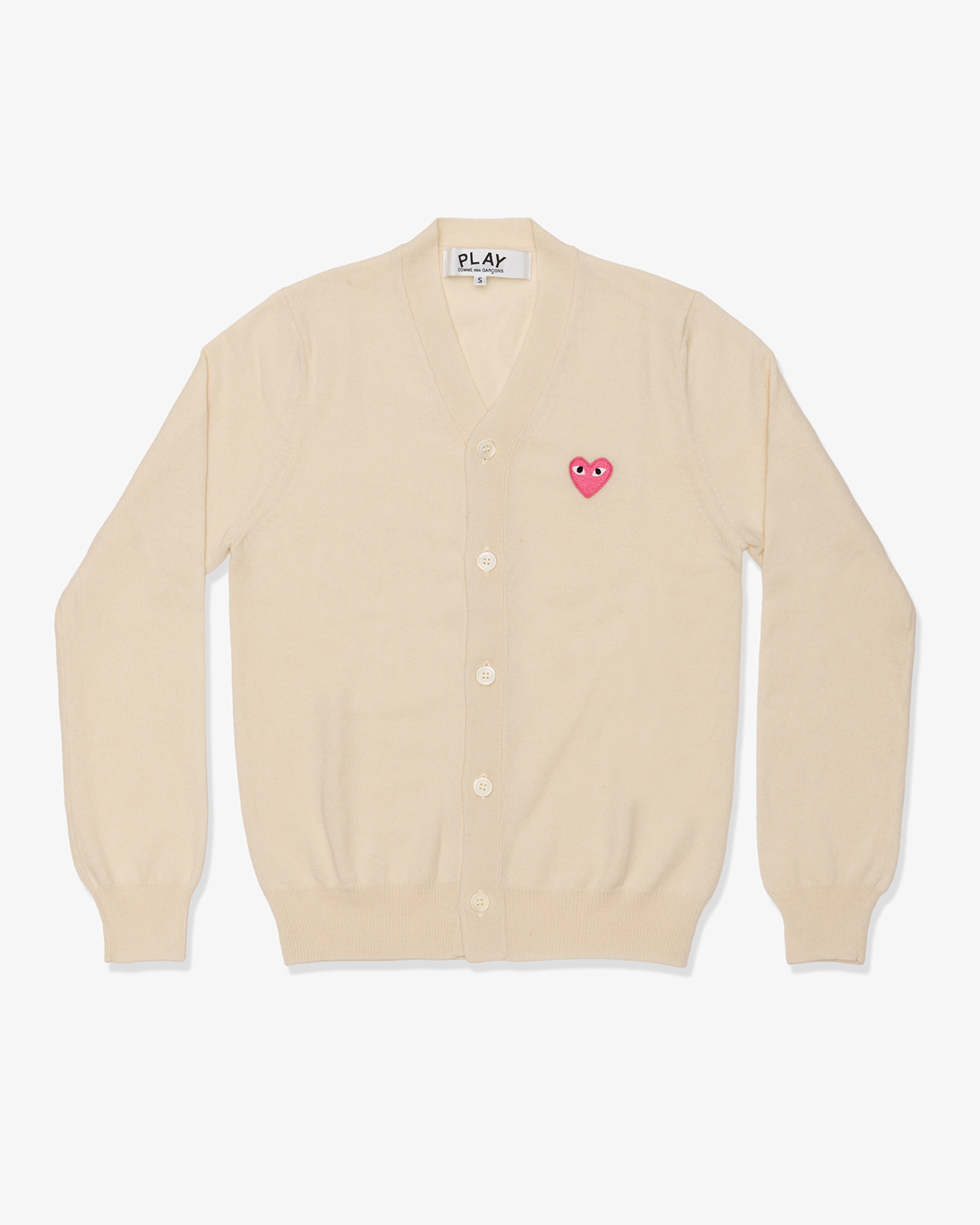 CDG PLAY: Top Worsted Yarn Lambswool Jersey V-neck Cardigan with