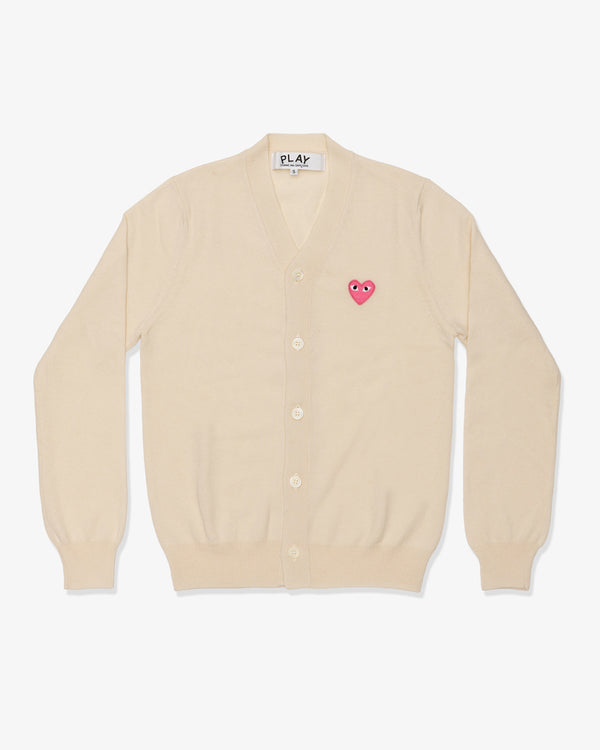 CDG PLAY - Top Worsted Yarn Lambswool Jersey V-neck Cardigan with Pink Emblem - (Natural)