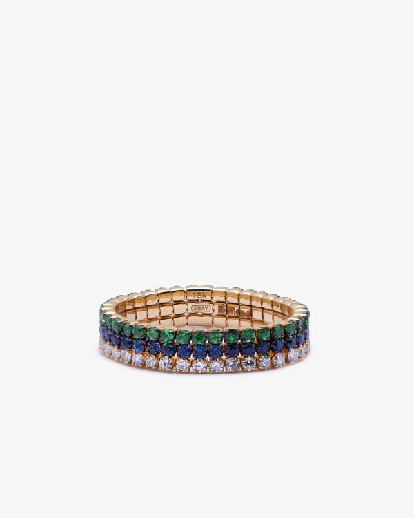SHAY JEWELRY - 18Ky Triple Stacked Threads Ring - (Yellow Gold, Green Garnets, Blue Sapphier)