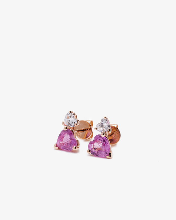 SHAY JEWELRY - 18Kr Two Step Heart Studs (Rose Gold / Pink Sapphires)