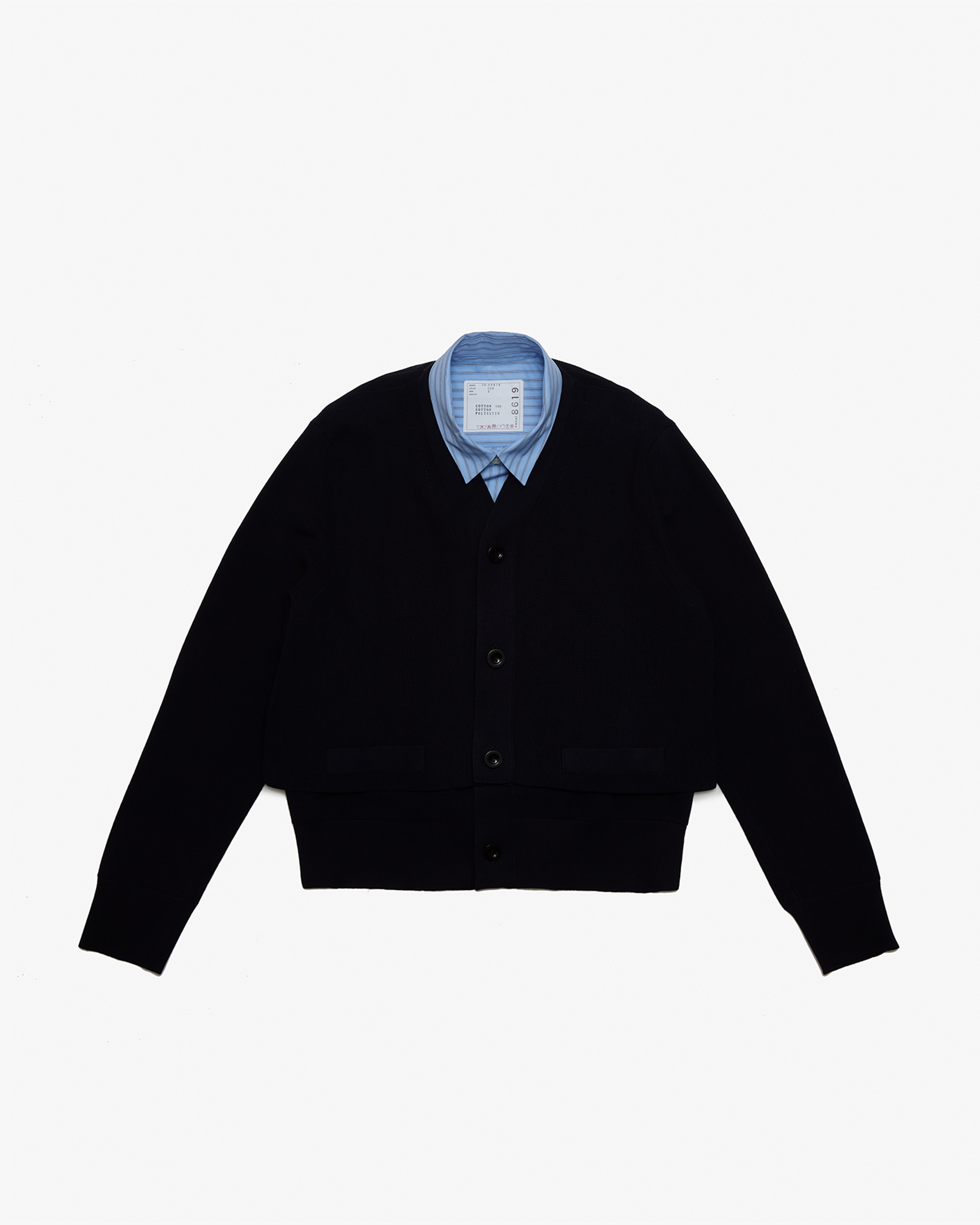 SACAI: Poplin X Cotton Knit Cardigan (Navy×L/Blue Stripe) | DSMG E