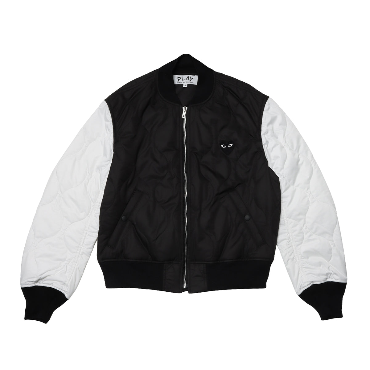 Axj Shop CDG PLAY: Polyester Quilted Jacket with Black Emblem (Black X White ...