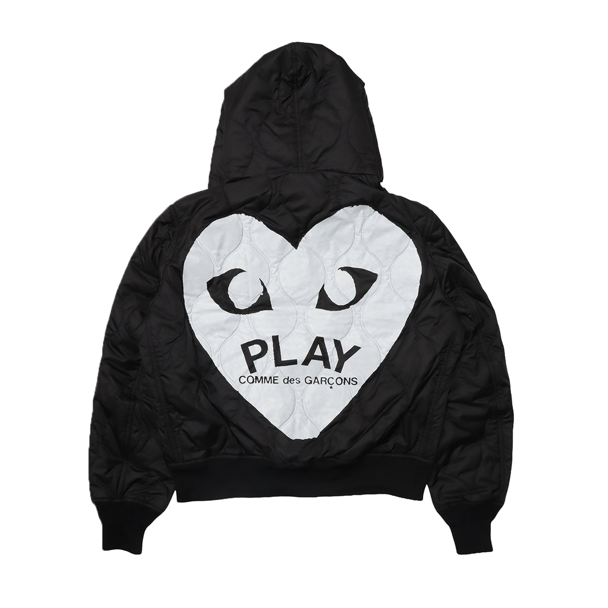 Axj Shop CDG PLAY: Polyester Quilted Jacket with Black Emblem (Black) | DSMG E-SHOP