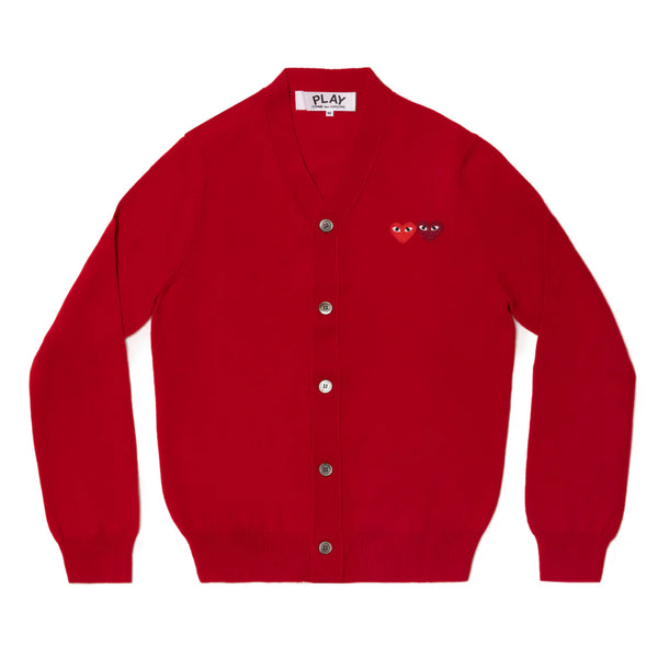 PLAY CDG - Unisex V-Neck Cardigan With Twin Emblem - (RED X BURGUNDY)