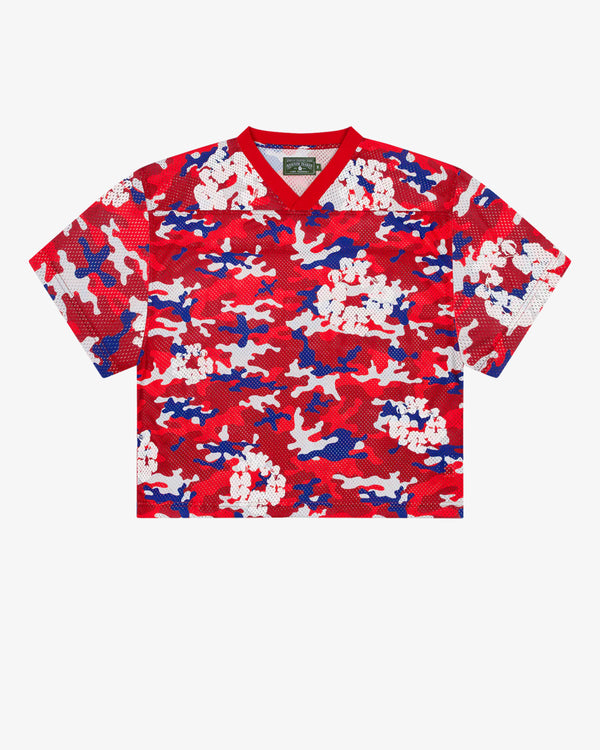 DENIM TEARS - Camo Cotton Wreath Mesh Football Top - (Red Camo)