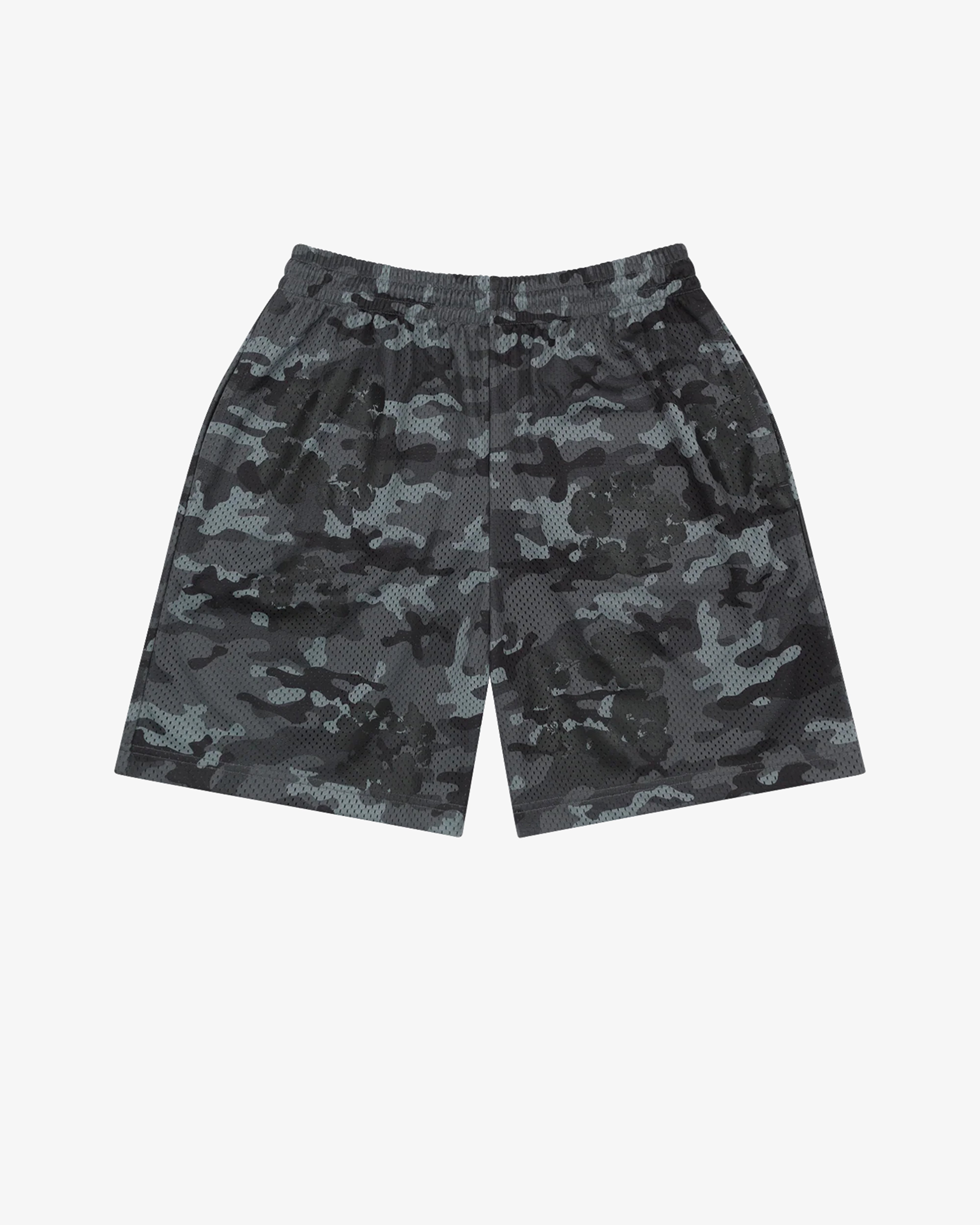 DENIM TEARS: Camo Cotton Wreath Mesh Shorts (Black) | DSMG E-SHOP