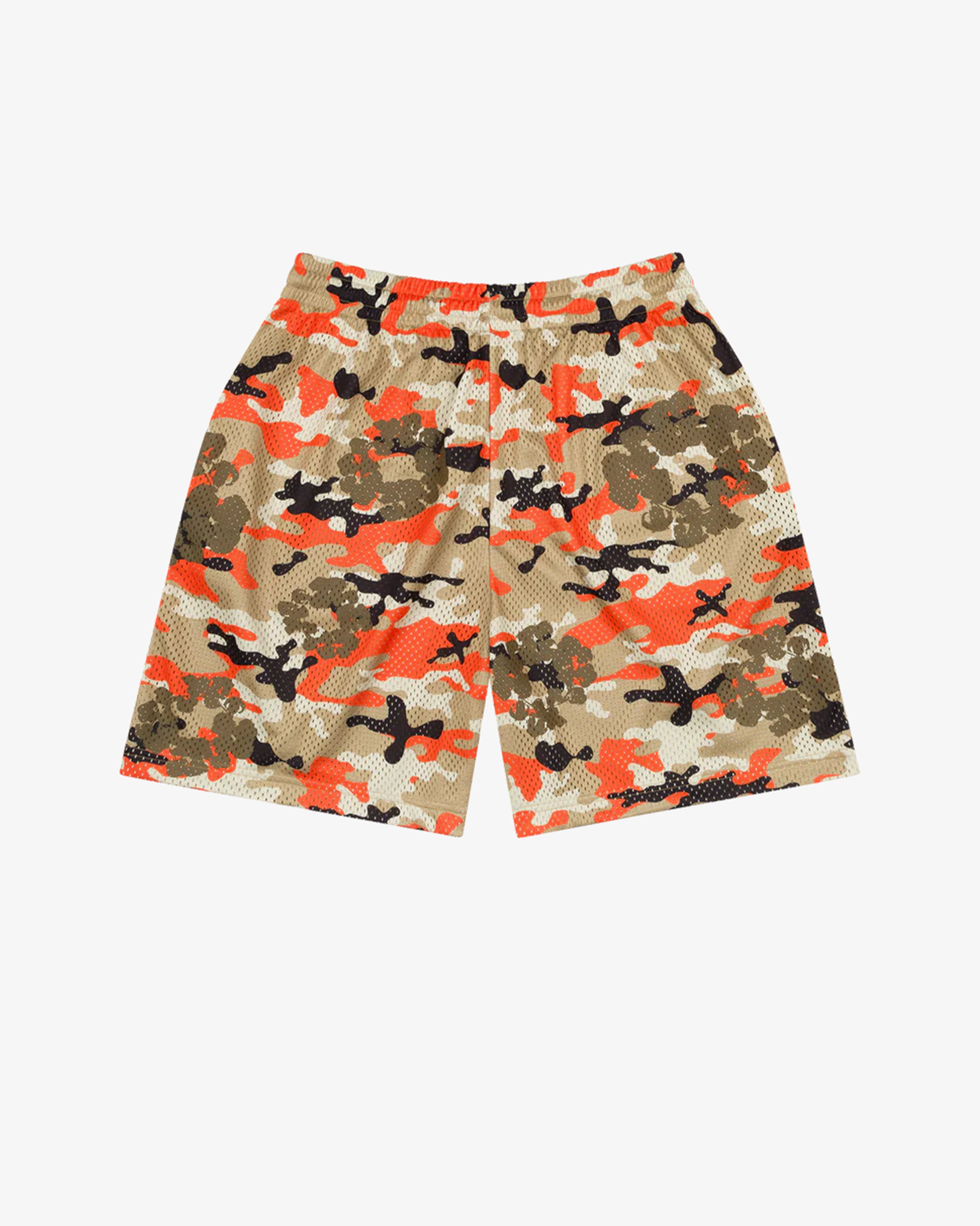DENIM TEARS: Camo Cotton Wreath Mesh Shorts (Brown/ Orange) | DSMG
