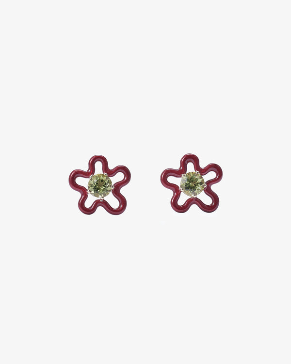 BEA BONGIASCA - Flower Stud Earrings In 9Kt Ye - (RMO Gold /Silver/ Burgundy Enamel)