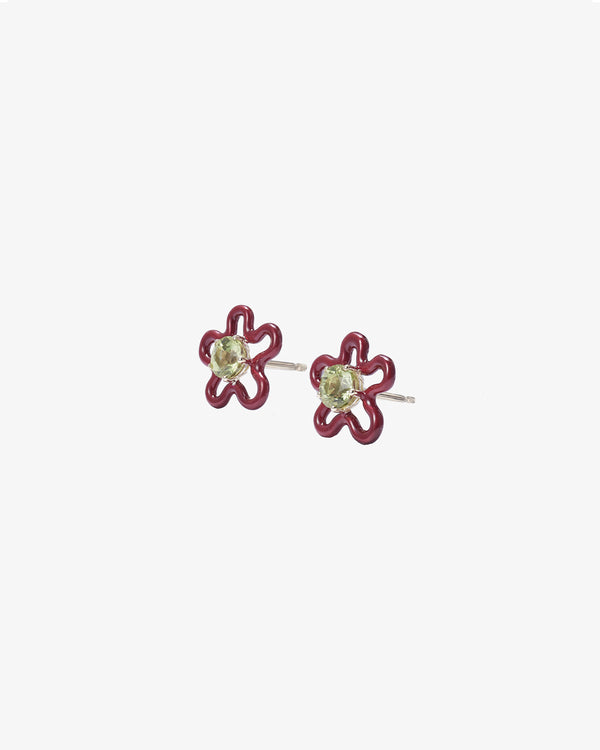 BEA BONGIASCA - Flower Stud Earrings In 9Kt Ye - (RMO Gold /Silver/ Burgundy Enamel)