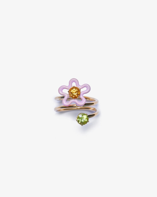 BEA BONGIASCA - Single Flower Ring In 9Kt Yell - (Sp Gold/ Silver/ Pink Enamel)