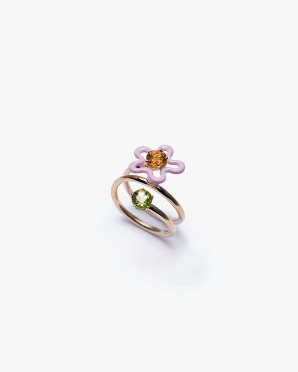 BEA BONGIASCA - Single Flower Ring In 9Kt Yell - (Sp Gold/ Silver/ Pink Enamel)
