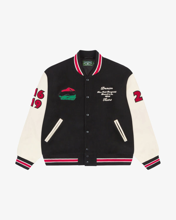 DENIM TEARS - Peace Wreath Varsity Jacket - (Black/White)