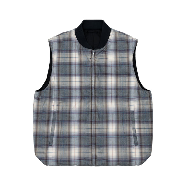 AURALEE SP - Wool Check Padded Zip Vest - (Gray Blue Check)