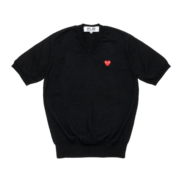 PLAY COMME des GARÇONS - V-Neck Short Sleeve Sweater With Red Medium Emblem - (Black)