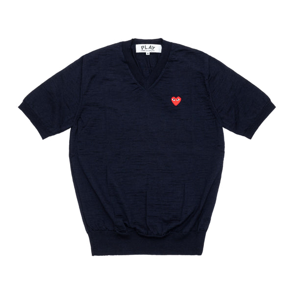 PLAY COMME des GARÇONS - V-Neck Short Sleeve Sweater With Red Medium Emblem - (Navy)