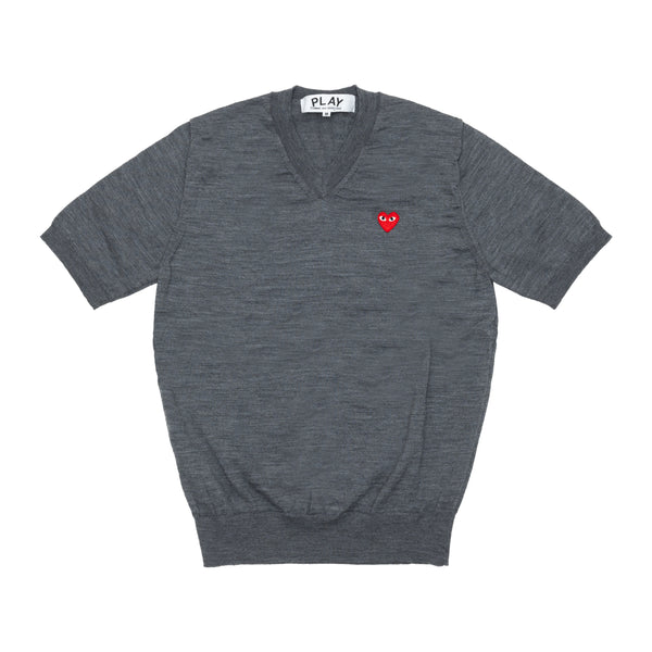 PLAY COMME des GARÇONS - V-Neck Short Sleeve Sweater With Red Medium Emblem - (Medium Gray)