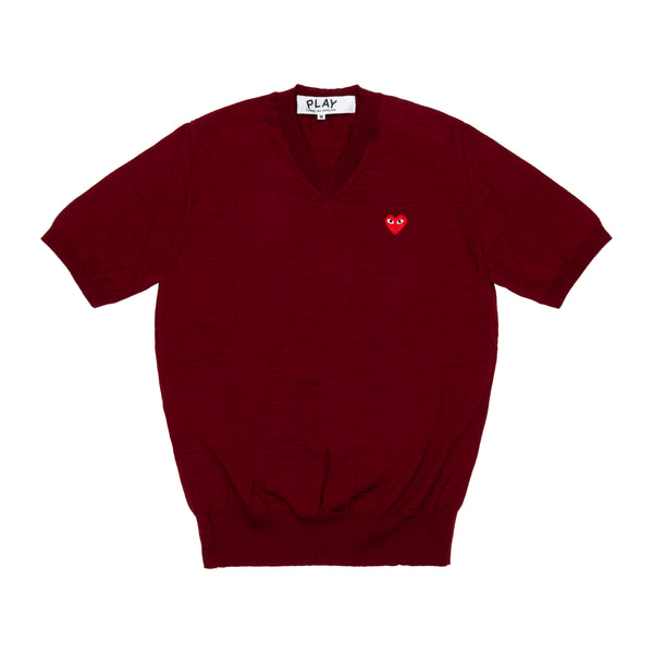 PLAY COMME des GARÇONS - V-Neck Short Sleeve Sweater With Red Medium Emblem - (Burgundy)