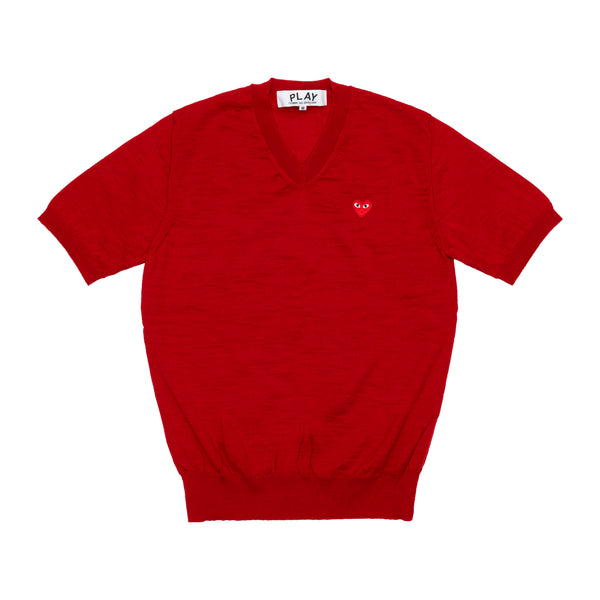 PLAY COMME des GARÇONS - V-Neck Short Sleeve Sweater With Red Medium Emblem - (Red)