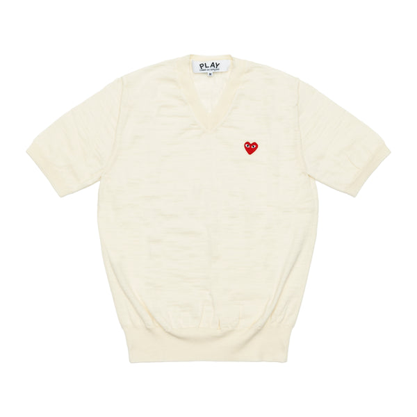 PLAY COMME des GARÇONS - V-Neck Short Sleeve Sweater With Red Medium Emblem - (Off White)