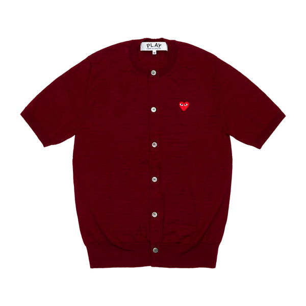 PLAY COMME des GARÇONS - Round Neck Short Sleeve Cardigan With Red Medium Emblem - (Burgundy)