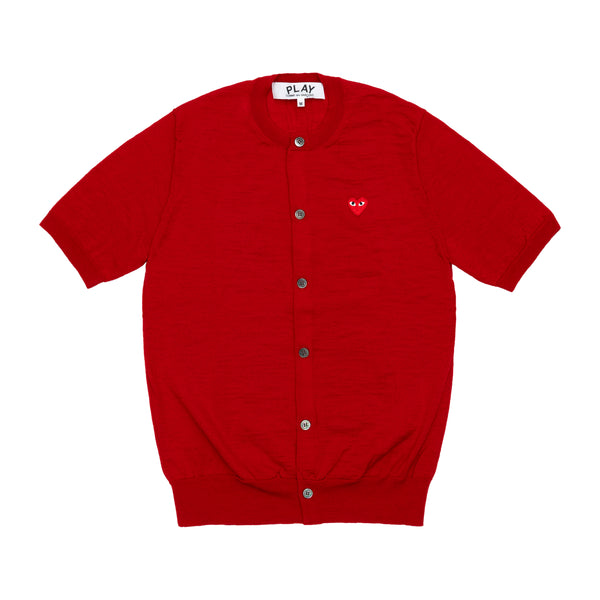 PLAY COMME des GARÇONS - Round Neck Short Sleeve Cardigan With Red Medium Emblem - (Red)